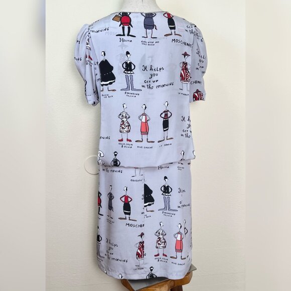 MOSCHINO 100% Silk Gray Cartoon Print Short Sleeve Shift Dress Size 4 - Picture 5 of 12